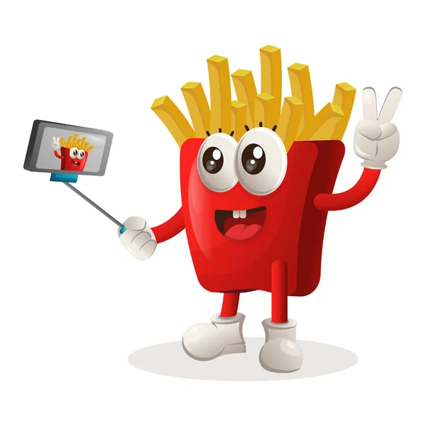 Cute French Fries Mascot Takes Selfie Smartphone Perfect Food Store — Stock Vector