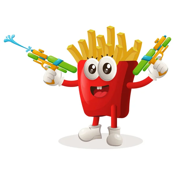 Cute French Fries Mascot Playing Water Gun Toy Perfect Food — Stock Vector