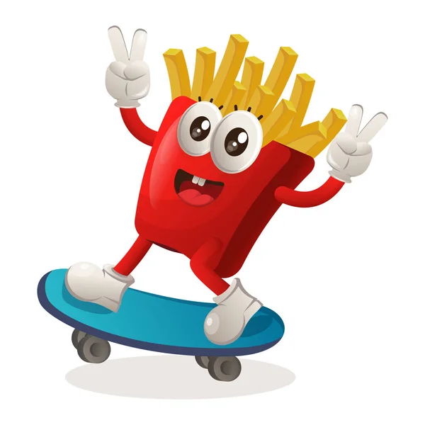 Cute French Fries Mascot Playing Skateboard Skateboarding Perfect Food Store — Stock Vector