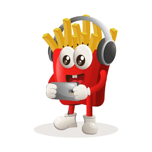 Cute French Fries Mascot Playing Game Mobile Wearing Headphones Perfect — Stock Vector