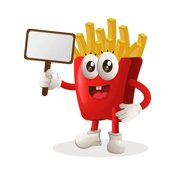 Cute French Fries Mascot Holding Billboards Sale Perfect Food Store — Stock Vector