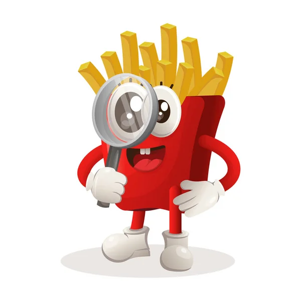 Cute French Fries Mascot Conducting Research Holding Magnifying Glass Perfect — Stock Vector