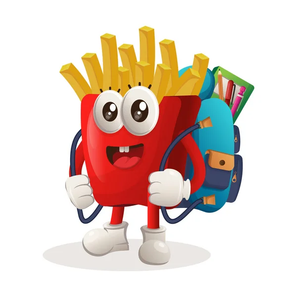 Cute French Fries Mascot Carrying Schoolbag Backpack Back School Perfect — Stock Vector