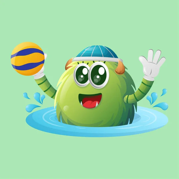 stock vector Cute green monster playing waterpolo. Perfect for kids, small business or e-Commerce, merchandise and sticker, banner promotion, blog or vlog channe