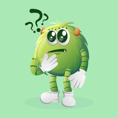 Tatlı yeşil canavar sorular soruyor. Çocuklar için mükemmel, küçük işletme veya e-ticaret, mal ve çıkartma, pankart tanıtımı, blog veya vlog channe