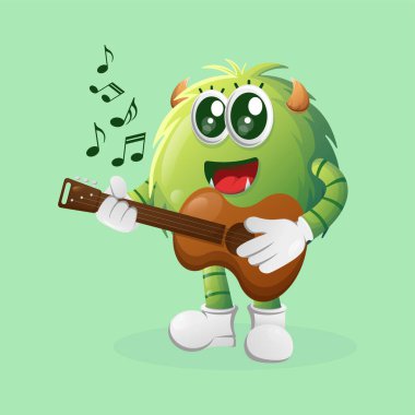 Gitar çalan sevimli yeşil canavar. Çocuklar için mükemmel, küçük işletme veya e-ticaret, mal ve çıkartma, pankart tanıtımı, blog veya vlog channe