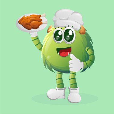 Şirin yeşil canavar, yemek servisi yapan şef. Çocuklar için mükemmel, küçük işletme veya e-ticaret, mal ve çıkartma, pankart tanıtımı, blog veya vlog channe