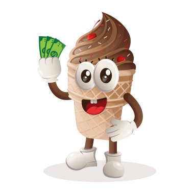 Elinde para tutan tatlı dondurma maskotu. Gıda mağazası, küçük işletme veya e-ticaret, ürün ve çıkartma, pankart tanıtımı, yemek eleştiri blogu veya vlog channe için mükemmel