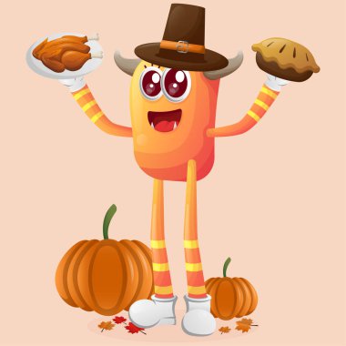 Tatlı turuncu canavar şükran gününü kutluyor. Çocuklar için mükemmel, küçük işletme veya e-ticaret, mal ve çıkartma, pankart tanıtımı, blog veya vlog channe