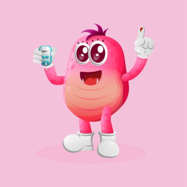Elinde kan şekeri ölçer tutan sevimli pembe canavar. Çocuklar için mükemmel, küçük işletme veya e-ticaret, mal ve çıkartma, pankart tanıtımı, blog veya vlog channe
