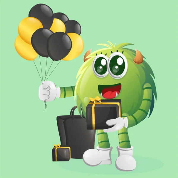 可爱的绿色怪物拿着礼品盒庆祝黑色星期五 适合儿童 小企业或电子商务 商品和贴纸 横幅促销 博客或Vlog Channe — 图库矢量图片