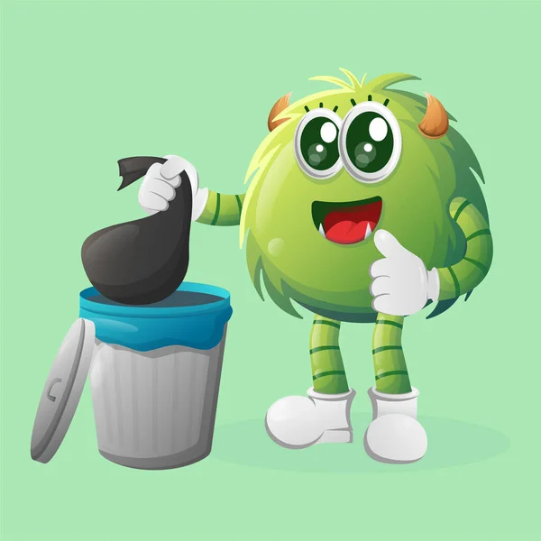 Cute Green Monster Placing Reusable Waste Garbage Can Perfect Kids — Stock Vector
