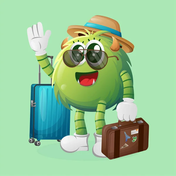 stock vector Cute green monster on vacation carrying a suitcase. Perfect for kids, small business or e-Commerce, merchandise and sticker, banner promotion, blog or vlog channe