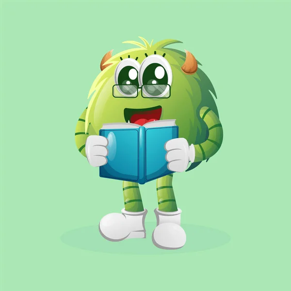 可爱的绿色怪物在看书 适合儿童 小企业或电子商务 商品和贴纸 横幅促销 博客或Vlog Channe — 图库矢量图片