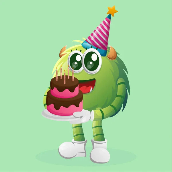 誕生日の帽子をかぶってかわいい緑のモンスター 誕生日ケーキを開催 中小企業や電子商取引 商品やステッカー バナープロモーション ブログやVlogチャンネルに最適です — ストックベクタ