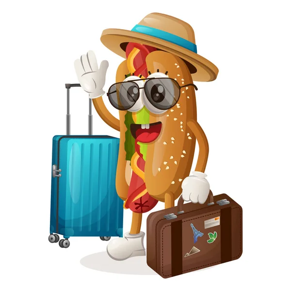 stock vector Cute hotdog mascot on vacation carrying a suitcase. Perfect for food store, small business or e-Commerce, merchandise and sticker, banner promotion, food review blog or vlog channel