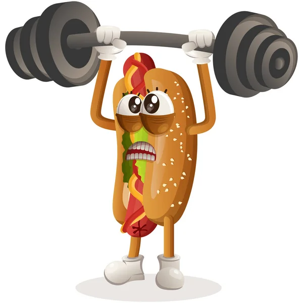 Cute hotdog mascot bodybuilding with barbell flexing muscles. Perfect for food store, small business or e-Commerce, merchandise and sticker, banner promotion, food review blog or vlog channel
