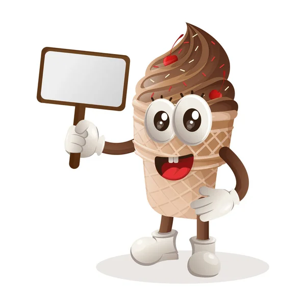 stock vector Cute ice cream mascot holding billboards for sale. Perfect for food store, small business or e-Commerce, merchandise and sticker, banner promotion, food review blog or vlog channe