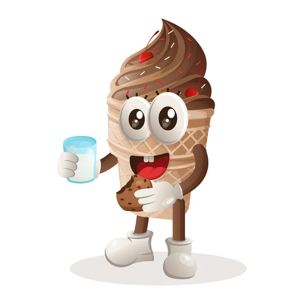 Stock vector Cute ice cream mascot drink milk and eat cookie. Perfect for food store, small business or e-Commerce, merchandise and sticker, banner promotion, food review blog or vlog channe