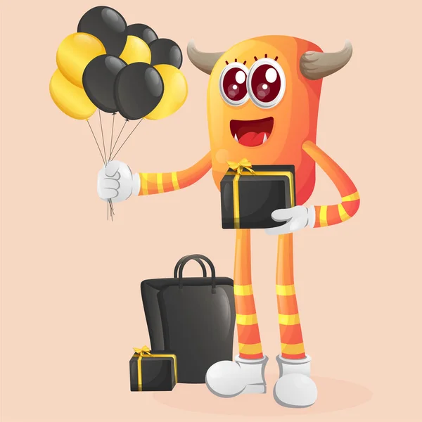 可爱的橙色怪物拿着礼品盒庆祝黑色星期五 适合儿童 小企业或电子商务 商品和贴纸 横幅促销 博客或Vlog Channe — 图库矢量图片