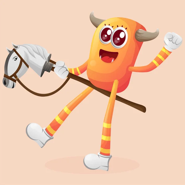 Schattig Oranje Monster Dat Met Speelgoedpaard Speelt Perfect Voor Kinderen — Stockvector