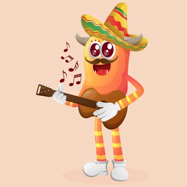 Cute Orange Monster Wearing Mexican Hat Playing Guitar Perfect Kids — Stock Vector
