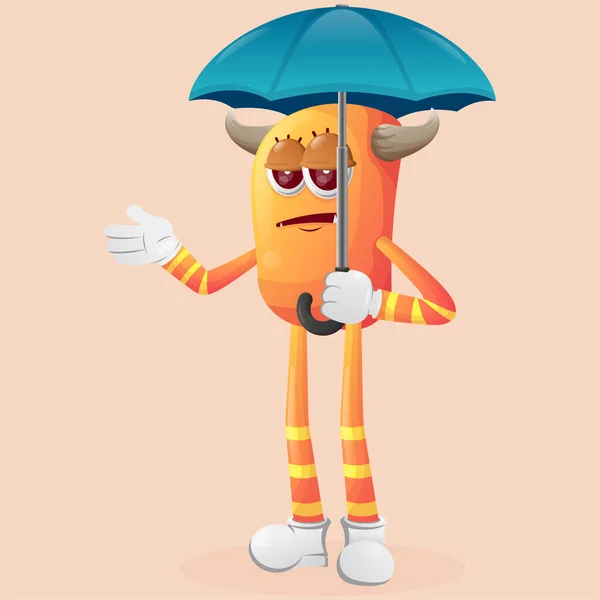 可爱的橙色怪物拿着带蓝色表情的伞 适合儿童 小企业或电子商务 商品和贴纸 横幅促销 博客或Vlog Channe — 图库矢量图片
