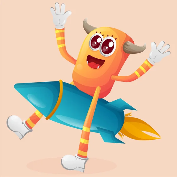 可爱的橙色怪物乘坐火箭飞行 适合儿童 小企业或电子商务 商品和贴纸 横幅促销 博客或Vlog Channe — 图库矢量图片
