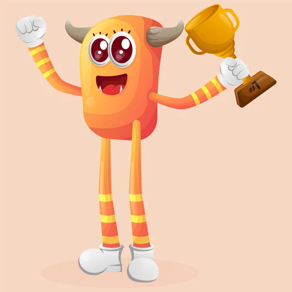 可爱的橙色怪物赢得了奖项并庆祝了成功 适合儿童 小企业或电子商务 商品和贴纸 横幅促销 博客或Vlog Channe — 图库矢量图片