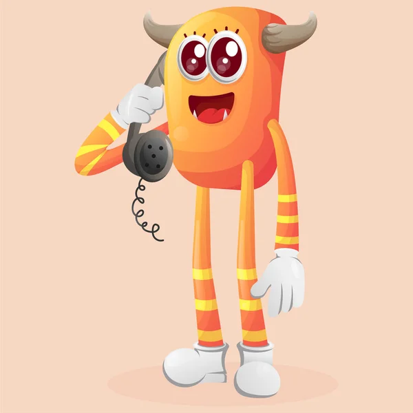 可爱的橙色怪物拿起电话 接听电话 适合儿童 小企业或电子商务 商品和贴纸 横幅促销 博客或Vlog Channe — 图库矢量图片