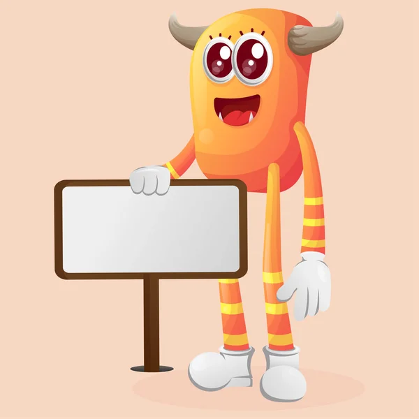 可爱的橙色怪物站在广告牌旁边 适合儿童 小企业或电子商务 商品和贴纸 横幅促销 博客或Vlog Channe — 图库矢量图片