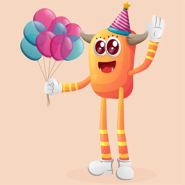 Monstro Laranja Bonito Usando Chapéu Aniversário Segurando Balões Perfeito Para — Vetor de Stock