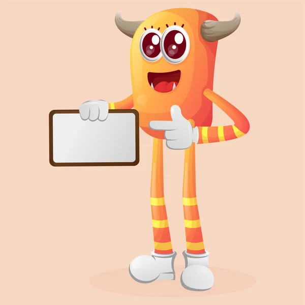 可爱的橙色怪物拿着广告牌 签名板 适合儿童 小企业或电子商务 商品和贴纸 横幅促销 博客或Vlog Channe — 图库矢量图片
