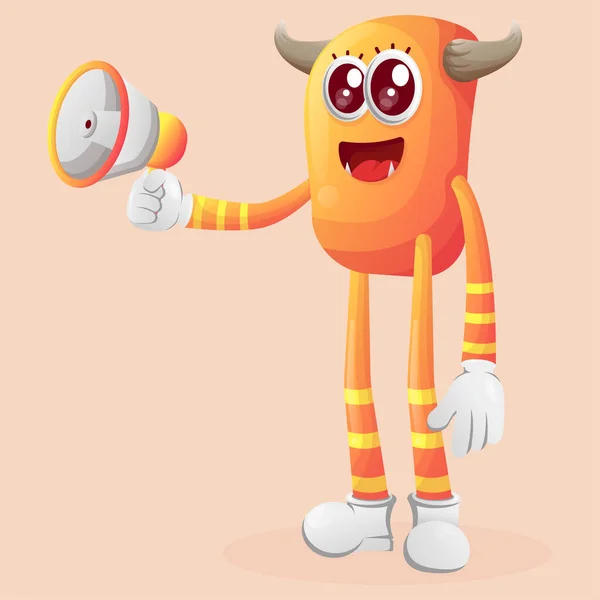 可爱的橙色怪物拿着扩音器 适合儿童 小企业或电子商务 商品和贴纸 横幅促销 博客或Vlog Channe — 图库矢量图片