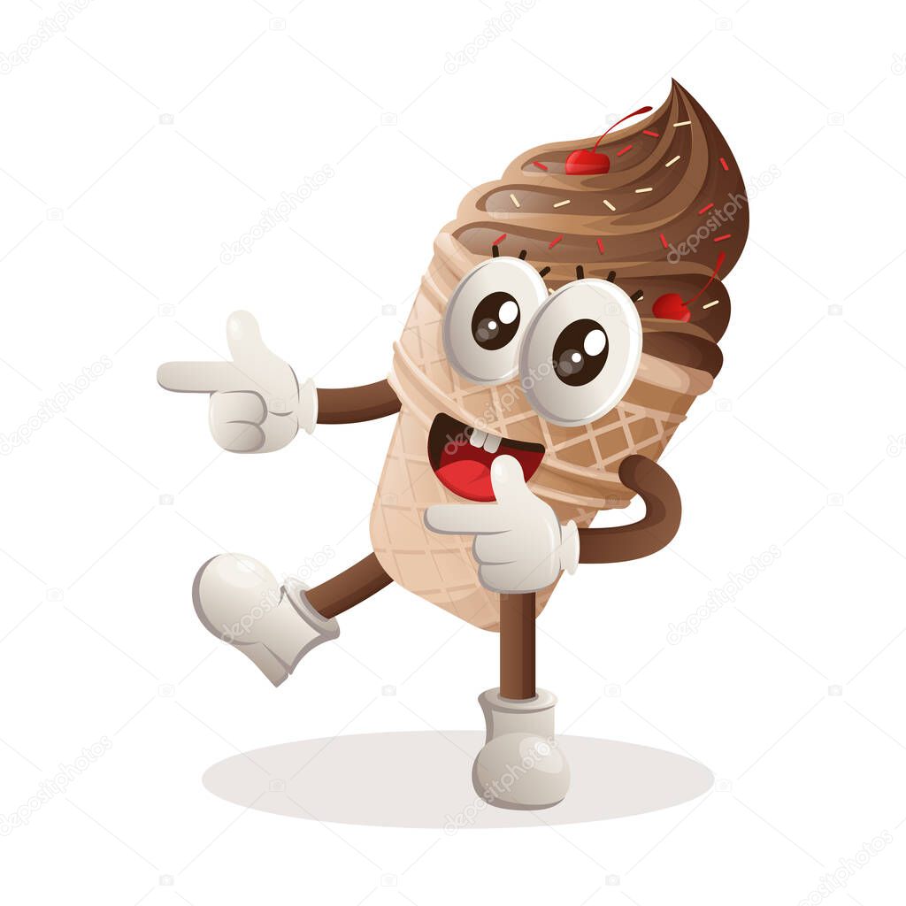 Cute ice cream mascot playful with pointed hand. Perfect for food store, small business or e-Commerce, merchandise and sticker, banner promotion, food review blog or vlog channe