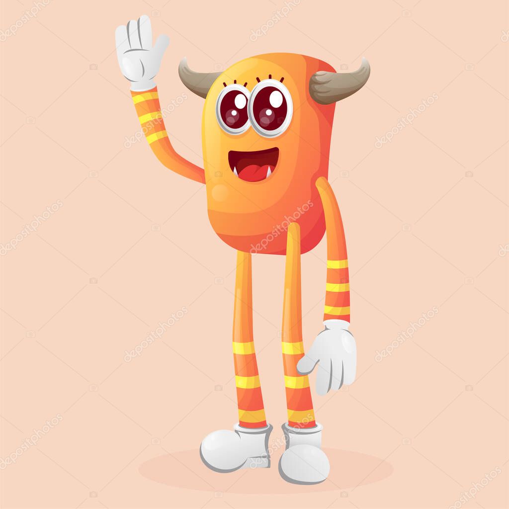 Cute orange monster waving hand. Perfect for kids, small business or e-Commerce, merchandise and sticker, banner promotion, blog or vlog channe