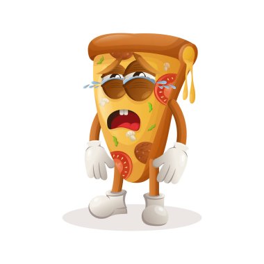 Tatlı pizza maskotu ağlıyor. Gıda mağazası, küçük işletme veya e-ticaret, ürün ve çıkartma, pankart tanıtımı, yemek eleştiri blogu veya vlog channe için mükemmel