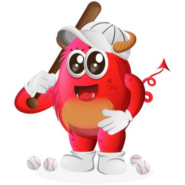 Beyzbol oynayan sevimli kırmızı canavar. Çocuklar için mükemmel, küçük işletme veya e-ticaret, mal ve çıkartma, pankart tanıtımı, blog veya vlog channe