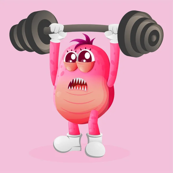 Χαριτωμένο Ροζ Τέρας Bodybuilding Barbell Κάμψη Μυών Ιδανικό Για Παιδιά — Διανυσματικό Αρχείο