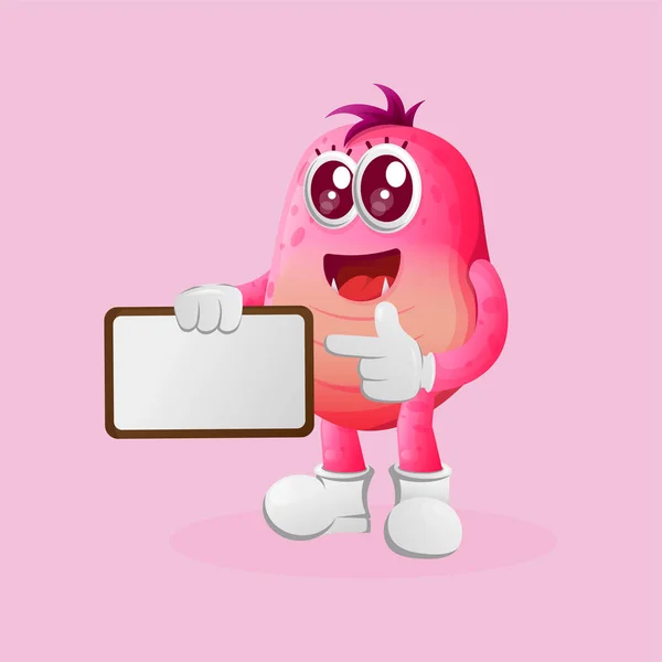 可爱的粉色怪物拿着广告牌 签名板 适合儿童 小企业或电子商务 商品和贴纸 横幅促销 博客或Vlog Channe — 图库矢量图片