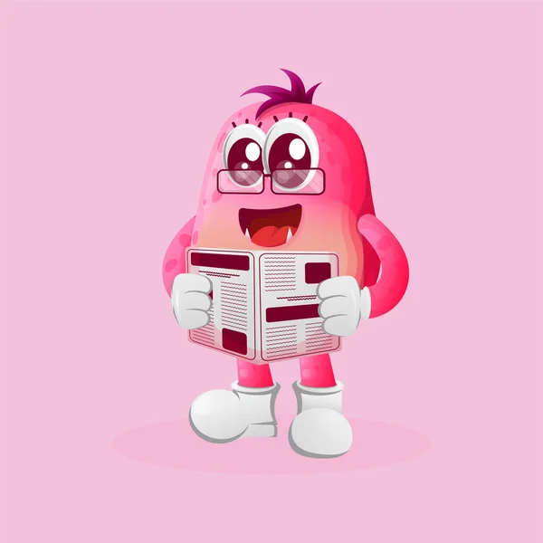かわいいピンクの怪物は新聞を読んだ 中小企業や電子商取引 商品やステッカー バナープロモーション ブログやVlogチャンネルに最適です — ストックベクタ