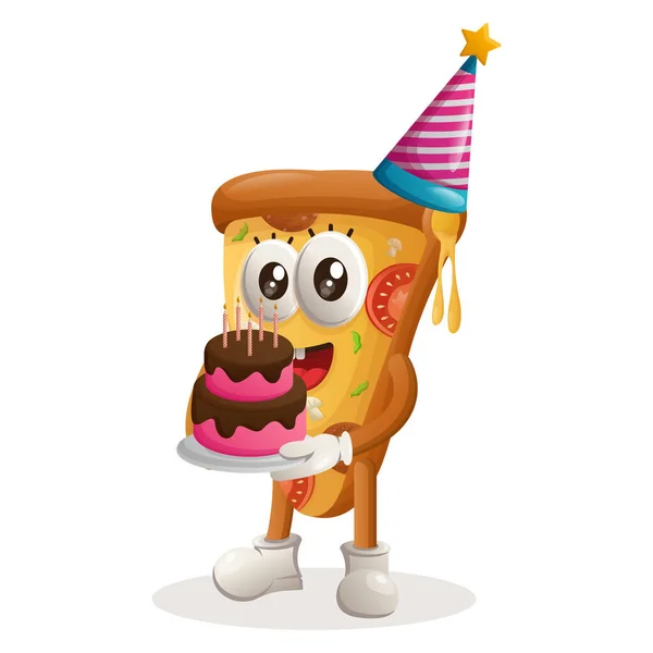 Cute Pizza Mascot Wearing Birthday Hat Holding Birthday Cake Perfect — Stock Vector