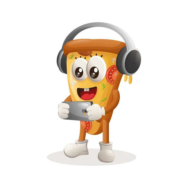 Cute Maskotka Pizzy Gry Mobilne Noszenie Słuchawek Idealny Sklepu Spożywczego — Wektor stockowy