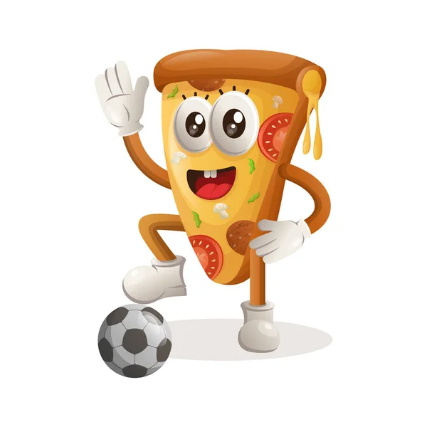 Cute Pizza Mascot Play Football Soccer Ball Perfect Food Store — Stock Vector
