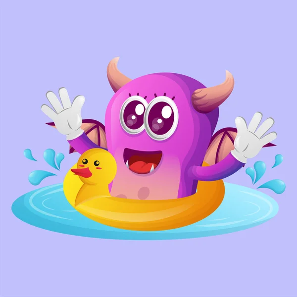 Monstruo Púrpura Lindo Nadando Usando Tubo Pato Goma Perfecto Para — Vector de stock