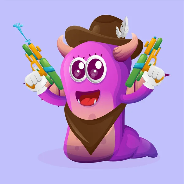 水銃のおもちゃで遊んでかわいい紫色のモンスター 中小企業や電子商取引 商品やステッカー バナープロモーション ブログやVlogチャンネルに最適です — ストックベクタ