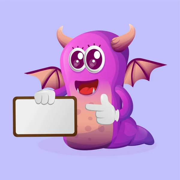 可爱的紫色怪物拿着广告牌 签名板 适合儿童 小企业或电子商务 商品和贴纸 横幅促销 博客或Vlog Channe — 图库矢量图片