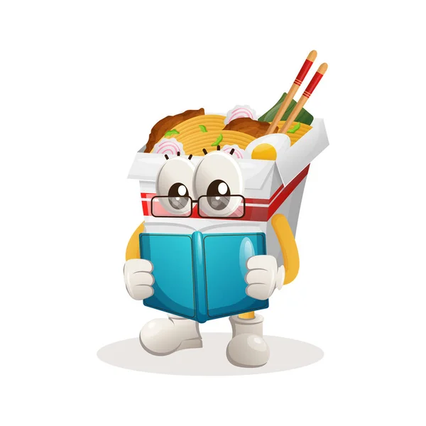 Mascote Ramen Bonito Lendo Livro Perfeito Para Loja Alimentos Pequenas — Vetor de Stock