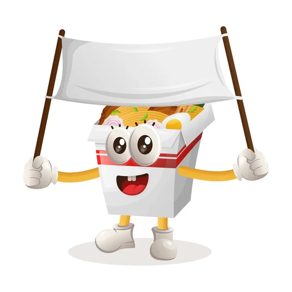 Mascote Ramen Bonito Segurando Banner Branco Perfeito Para Loja Alimentos — Vetor de Stock