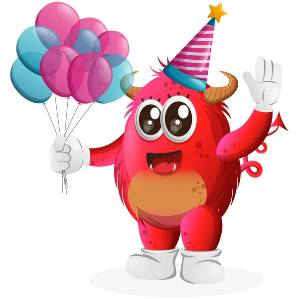 stock vector Cute red monster wearing a birthday hat, holding balloons. Perfect for kids, small business or e-Commerce, merchandise and sticker, banner promotion, blog or vlog channe